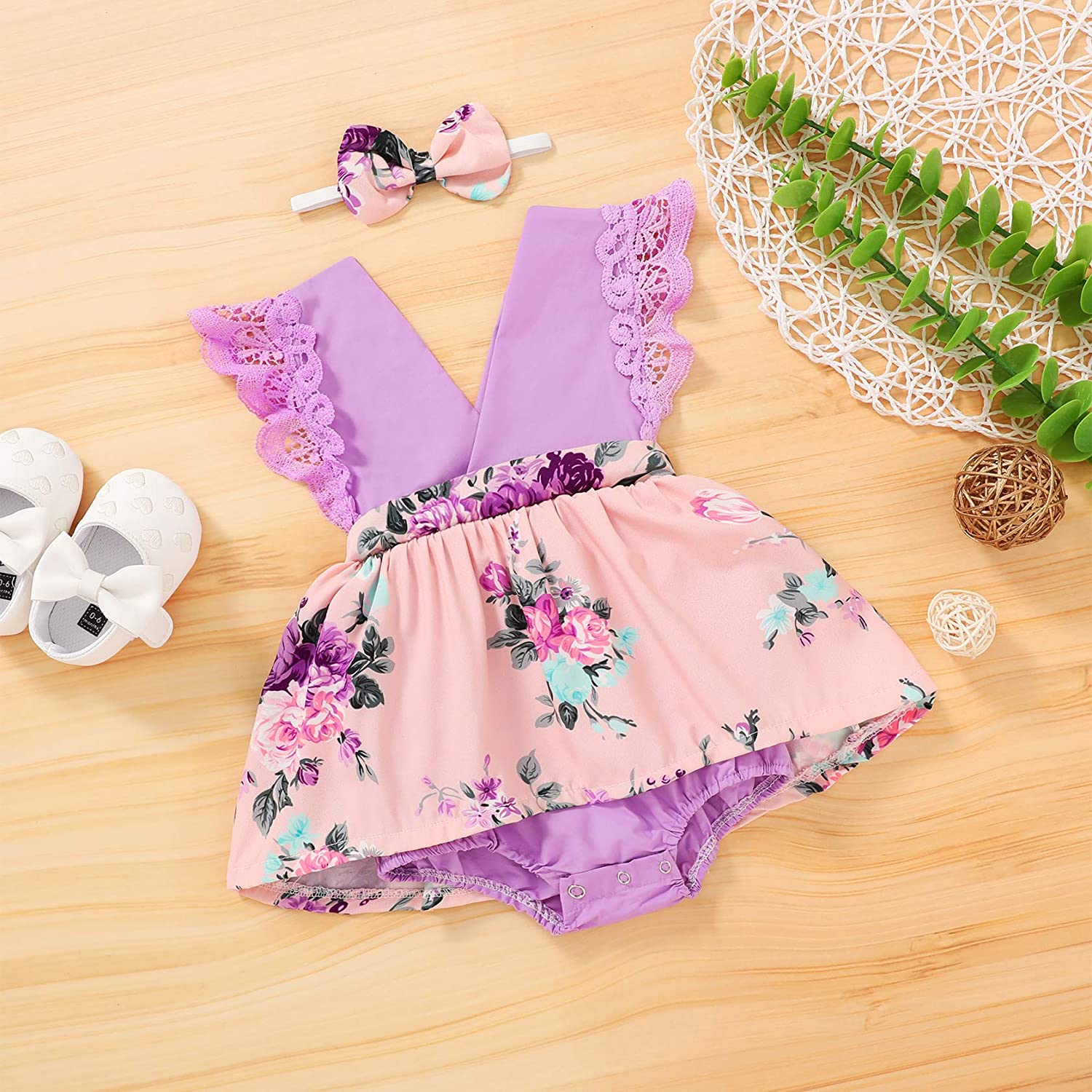 Newborn Infant Baby Girls Summer Clothes Floral Dress Lace Ruffle Sleeve Romper Sunflower Leopard Sk