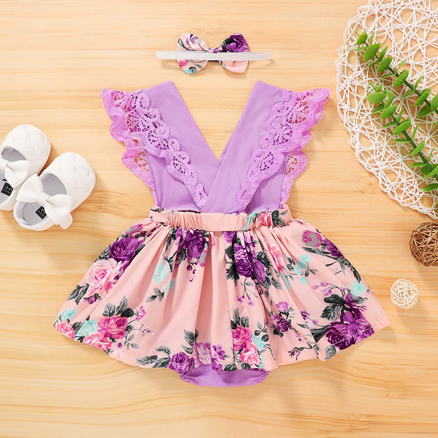 Newborn Infant Baby Girls Summer Clothes Floral Dress Lace Ruffle Sleeve Romper Sunflower Leopard Sk