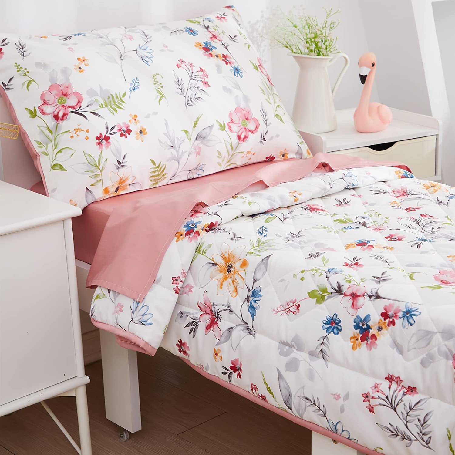 Brandream Watercolor Flowers Leave Toddler Bedding Sets for Girls Chic Floral Cotton Baby Nursery Co