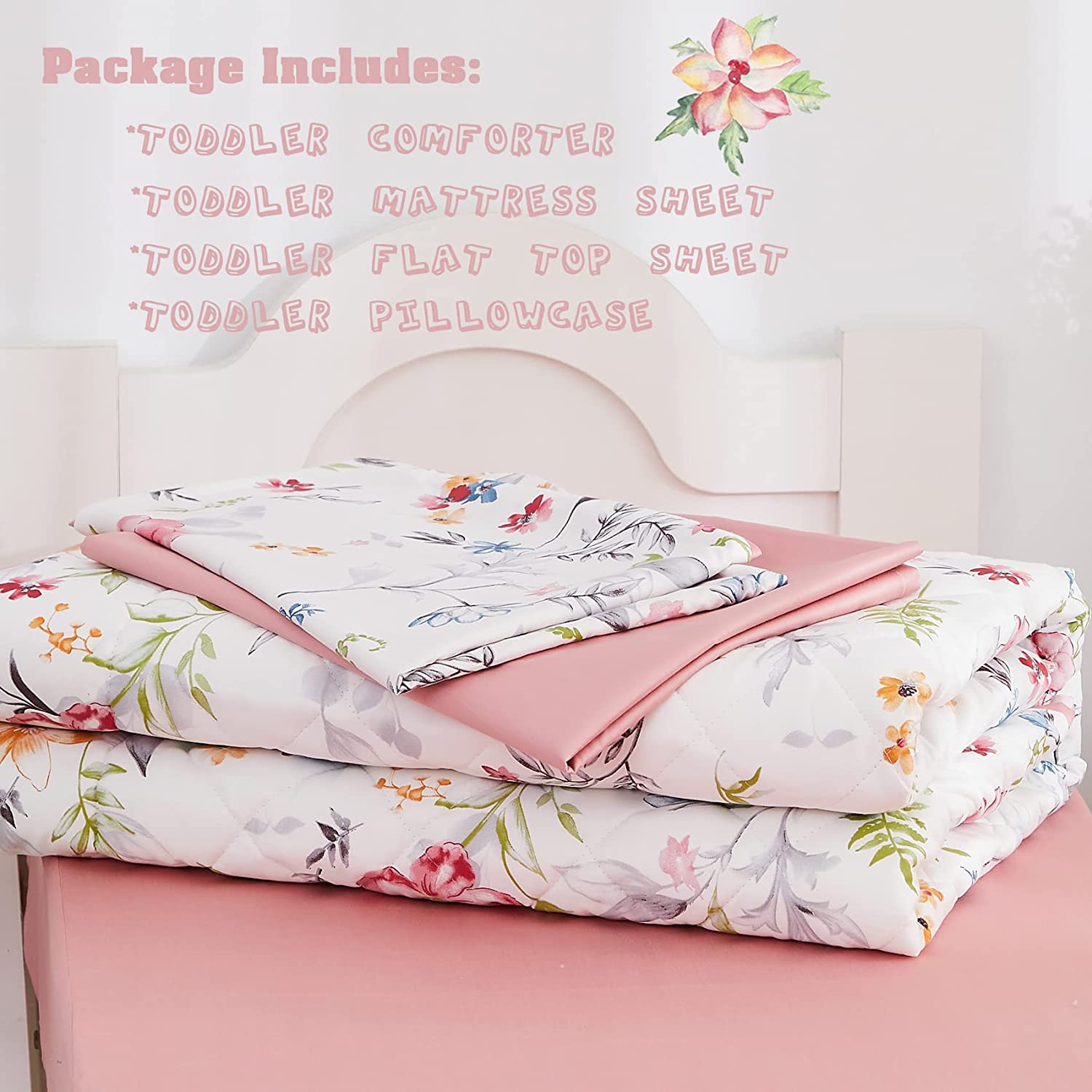 Brandream Watercolor Flowers Leave Toddler Bedding Sets for Girls Chic Floral Cotton Baby Nursery Co