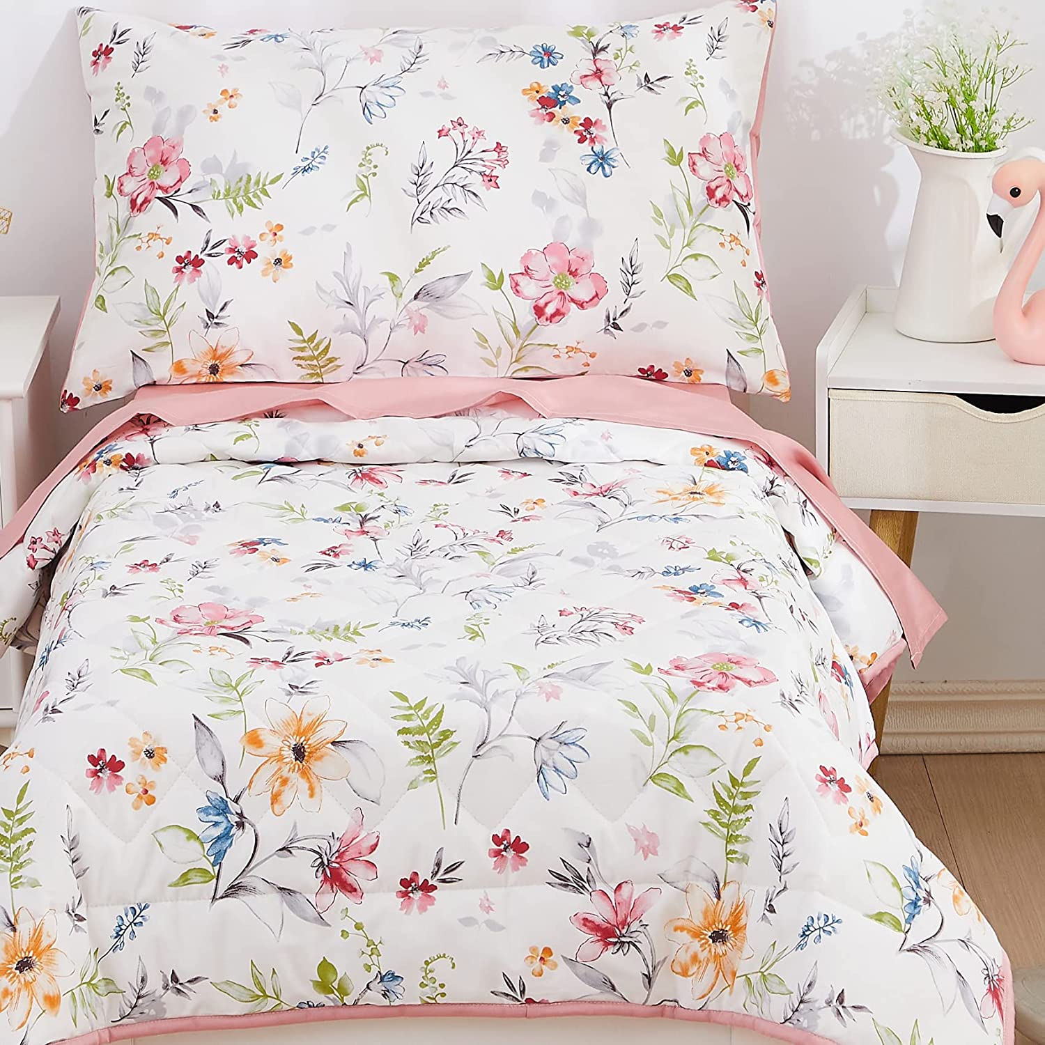 Brandream Watercolor Flowers Leave Toddler Bedding Sets for Girls Chic Floral Cotton Baby Nursery Co