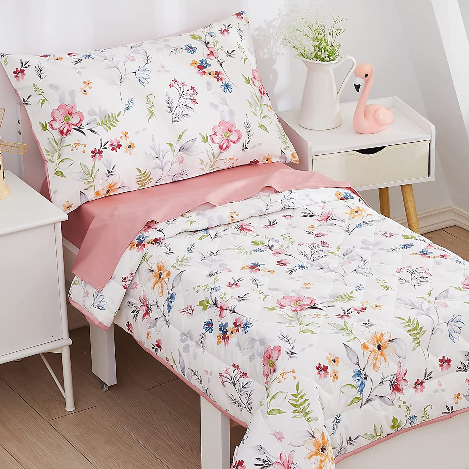 Brandream Watercolor Flowers Leave Toddler Bedding Sets for Girls Chic Floral Cotton Baby Nursery Co