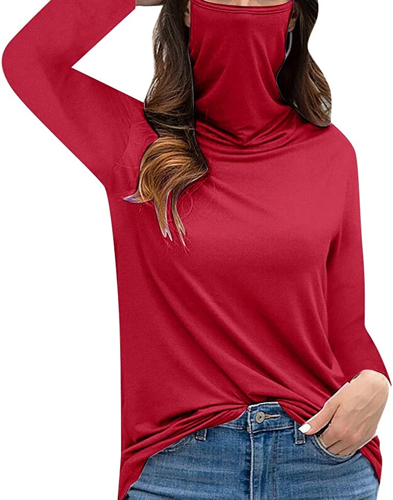 Dosoop Women Solid Color Long Sleeve Pullover with Dustproof Face Guard Bandanas Turtleneck T-Shirt 