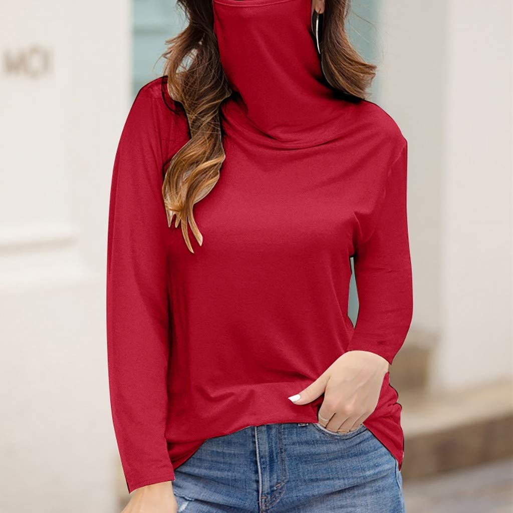 Dosoop Women Solid Color Long Sleeve Pullover with Dustproof Face Guard Bandanas Turtleneck T-Shirt 