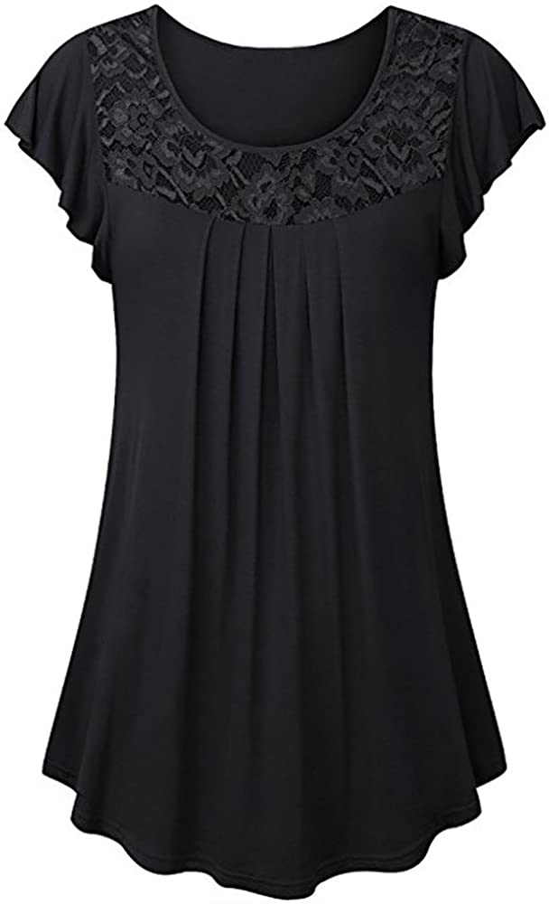 haoricu Tunics for Women Wear with Leggings Short Sleeve Ladies Solid Lace Patchwork Ruched Blouse T