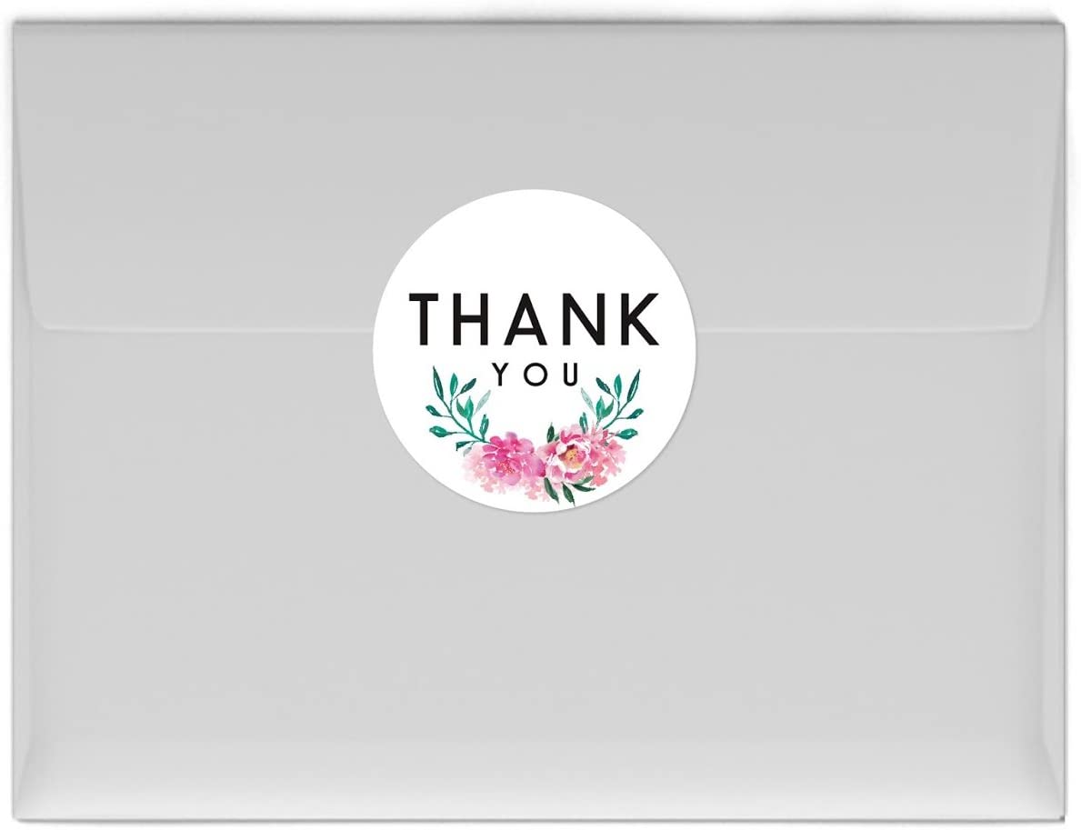 Andaz Press Stylish Bulk Thank You Round Circle Label Stickers, 2-inch, Emily Pink Green Floral Flow