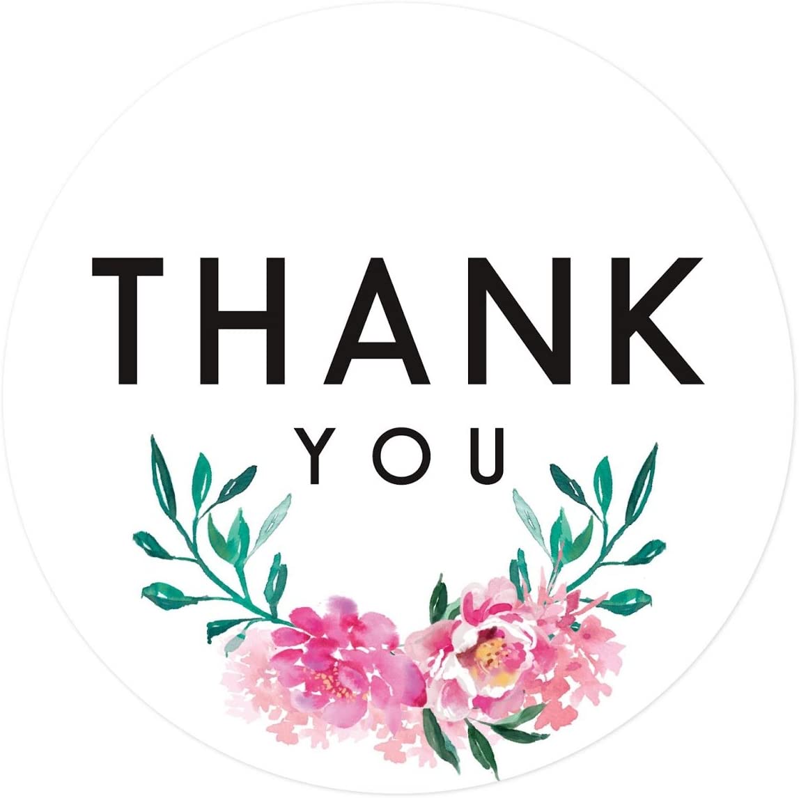 Andaz Press Stylish Bulk Thank You Round Circle Label Stickers, 2-inch, Emily Pink Green Floral Flow