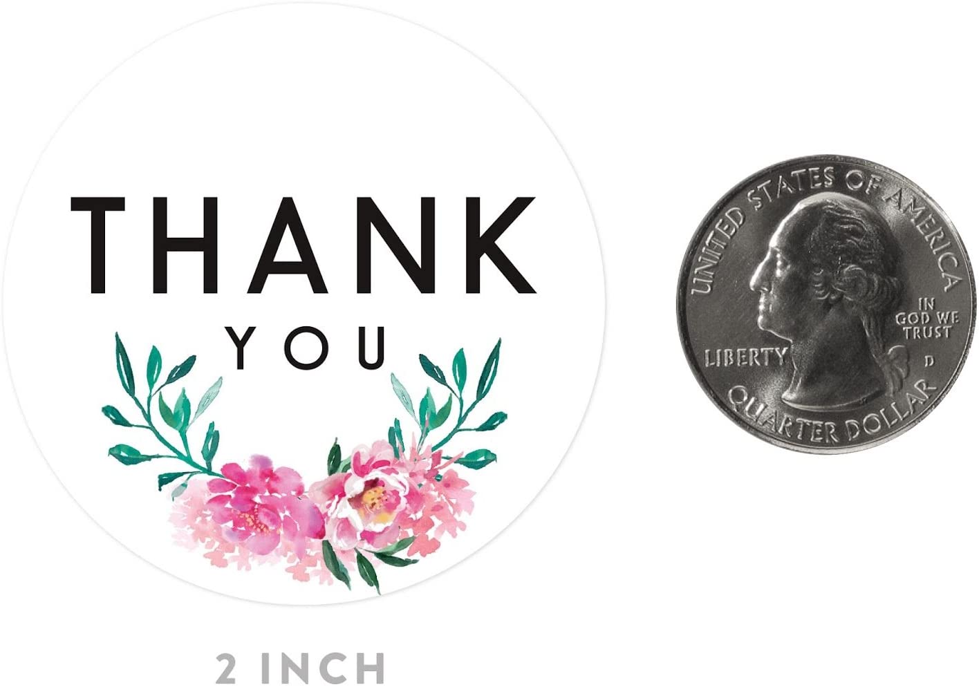 Andaz Press Stylish Bulk Thank You Round Circle Label Stickers, 2-inch, Emily Pink Green Floral Flow