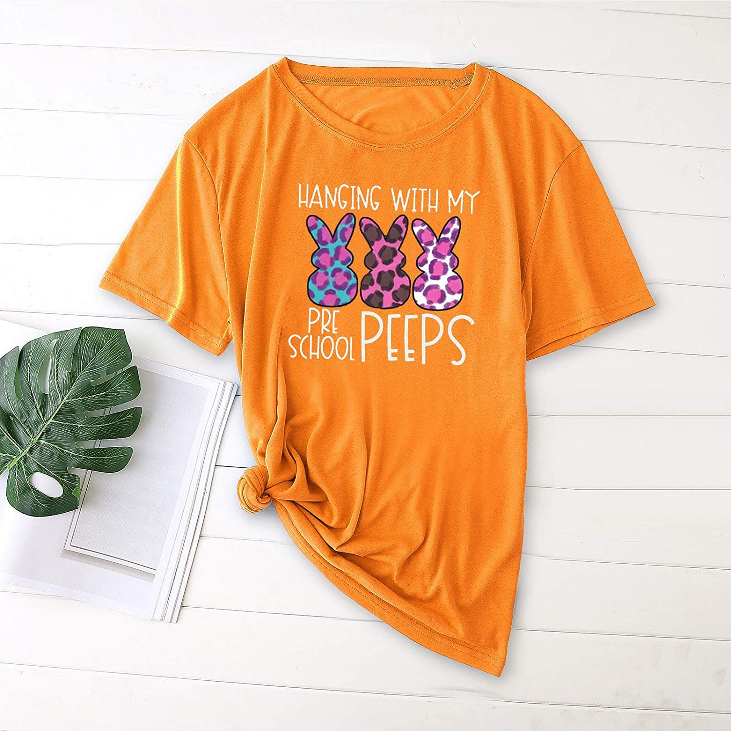 Dosoop Hanging with My Per School Peeps Shirt Bunny Graphic Letter Printed T-Shirt Casual Crewneck T