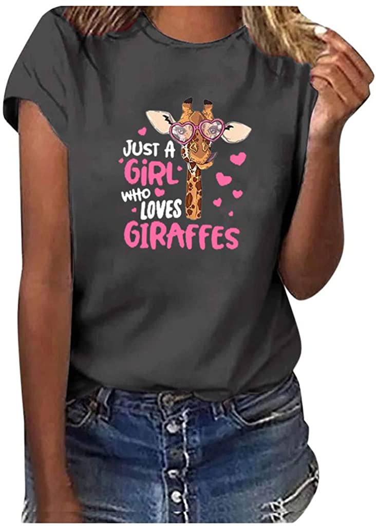 Dosoop Women Just A Girl Who Loves Giraffes T-Shirt Letter Print Crewneck Short Sleeve Plus Size Cas