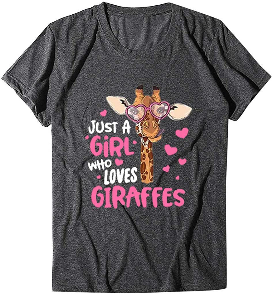 Dosoop Women Just A Girl Who Loves Giraffes T-Shirt Letter Print Crewneck Short Sleeve Plus Size Cas