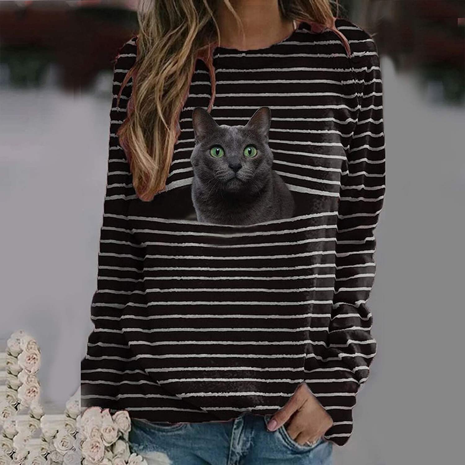 Dosoop Women Long Sleeve Tshirts Black 3D Cat Striped Shutters Print Casual Crewneck Teen Girls Juni