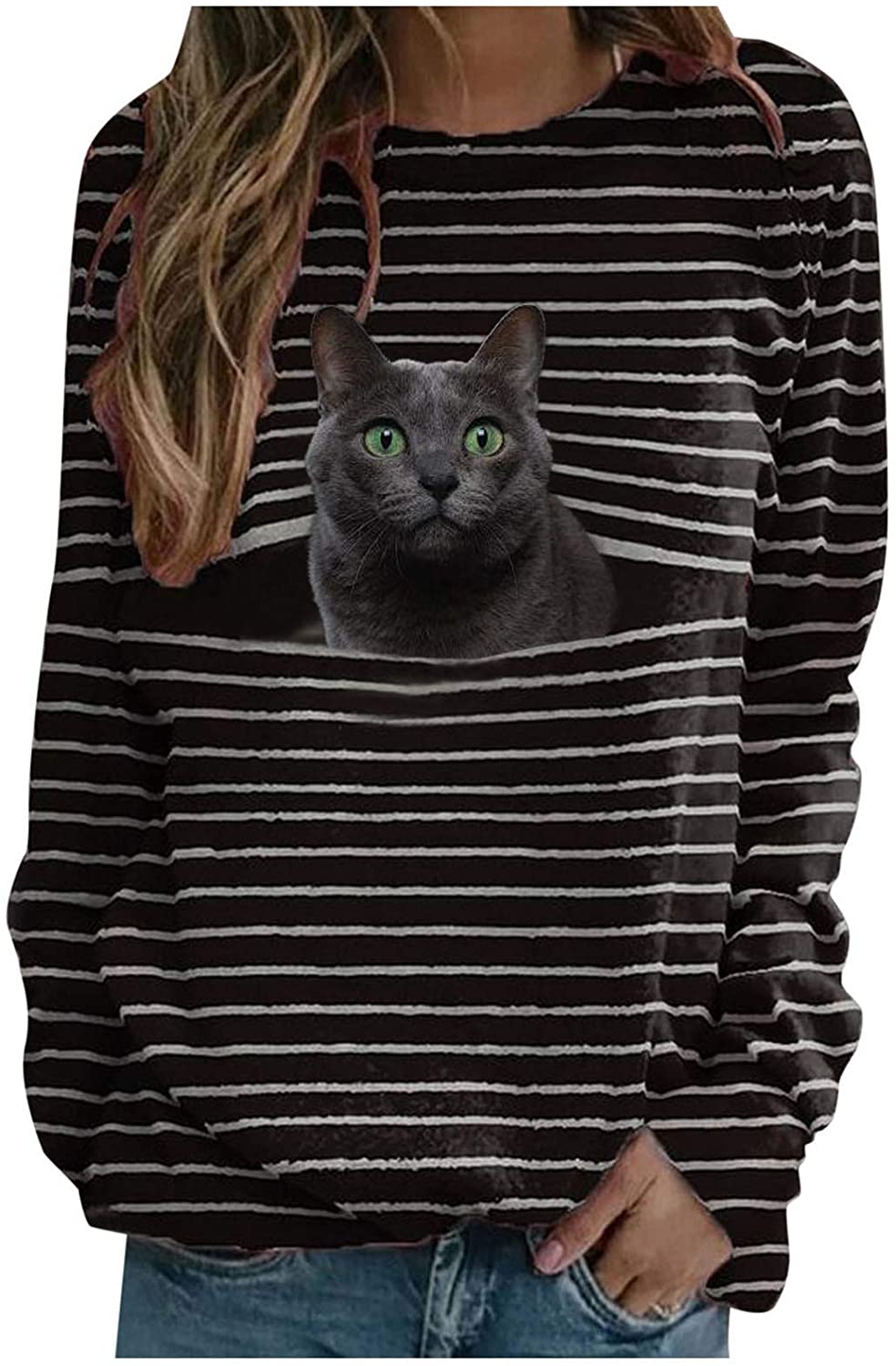 Dosoop Women Long Sleeve Tshirts Black 3D Cat Striped Shutters Print Casual Crewneck Teen Girls Juni