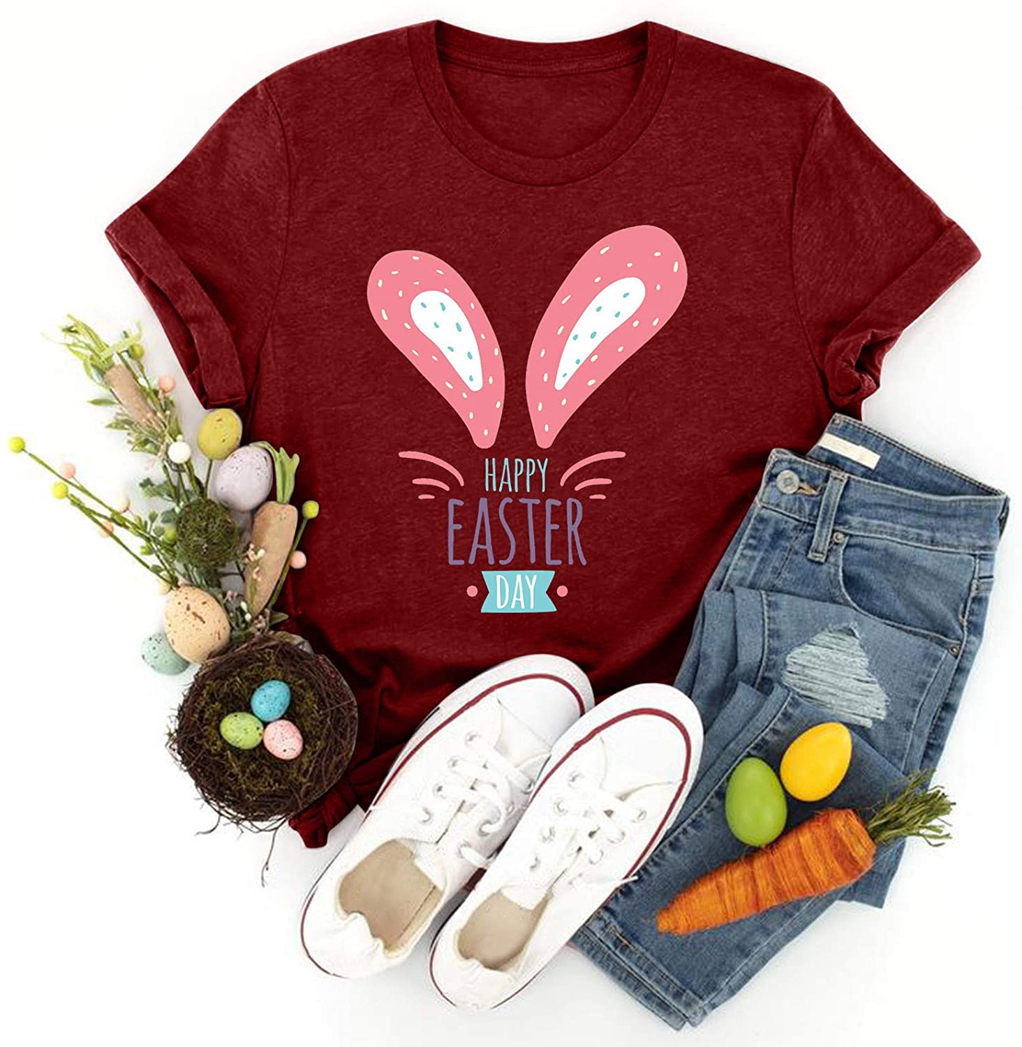 Dosoop Womens Easter T Shirt Short Sleeve Adorable Bunny Printed Graphic Tees Casual Summer O Neck T