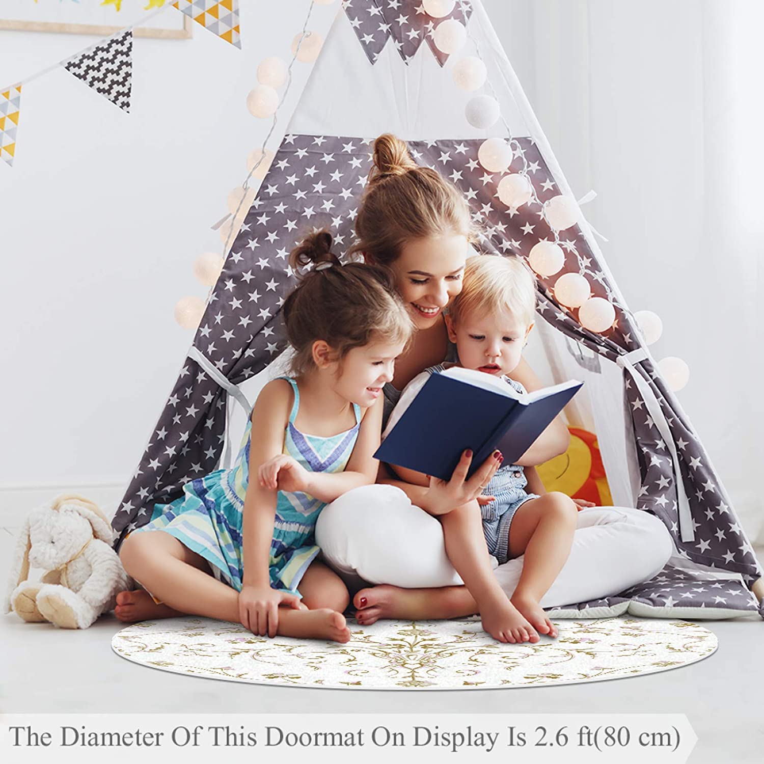 Round Soft Area Rugs for Baby Kids Girls Room Simple Pattern Cute Circle Nursery Carpet for Bedroom