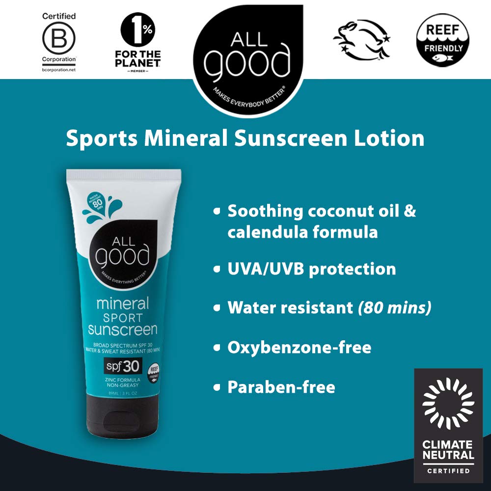 All Good Sport Face & Body Sunscreen Lotion - UVA/UVB Broad Spectrum SPF 30+, Water Resistant, Coral