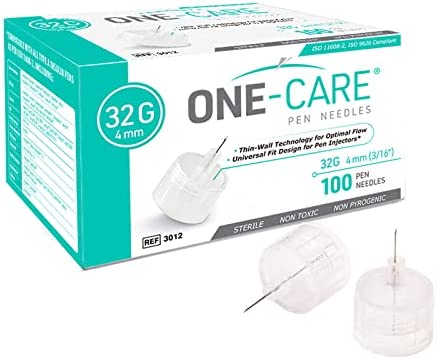 MediVena ONE-CARE Pen Needles 32G x 4 mm (5/32’’), 100/bx, Ultra-Thin for Comfortable Insulin In