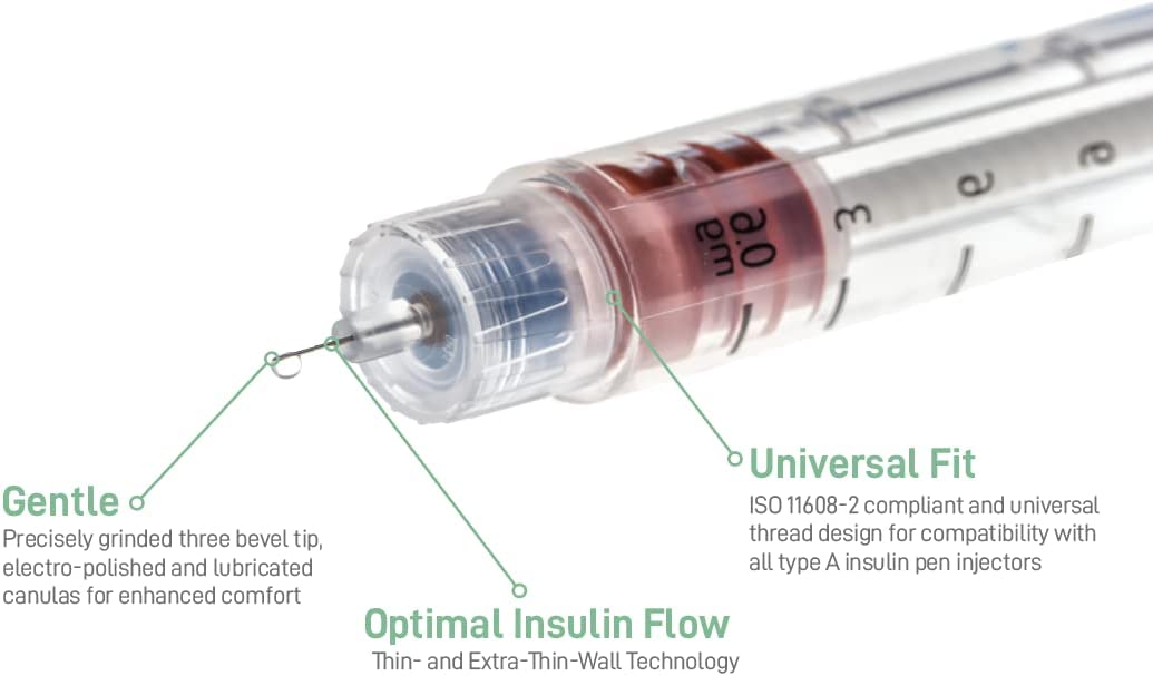 MediVena ONE-CARE Pen Needles 32G x 4 mm (5/32’’), 100/bx, Ultra-Thin for Comfortable Insulin In