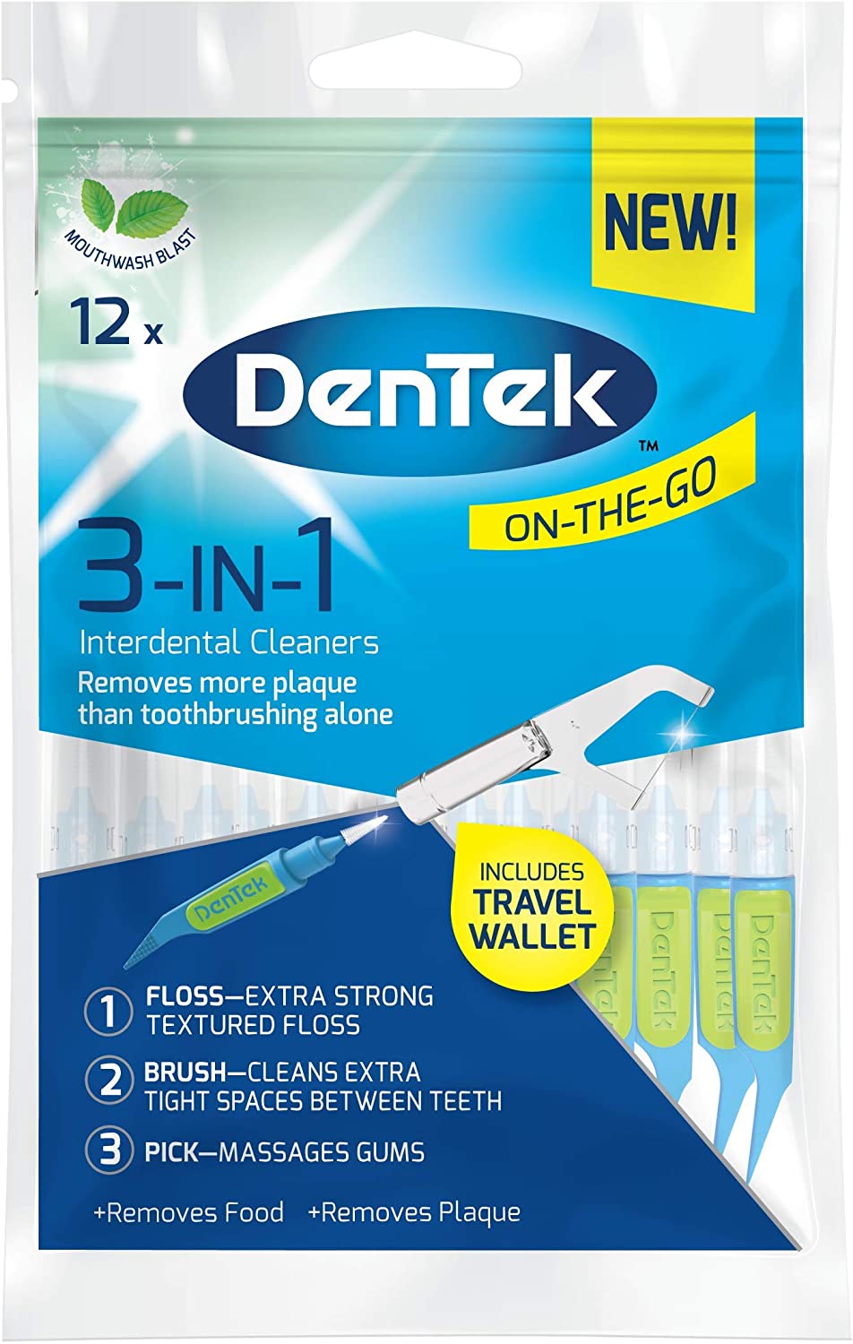 DenTek 3-in 1 Interdental Cleaners - Features an Interdental Brush, Floss and Pick All in One, 12 Pa
