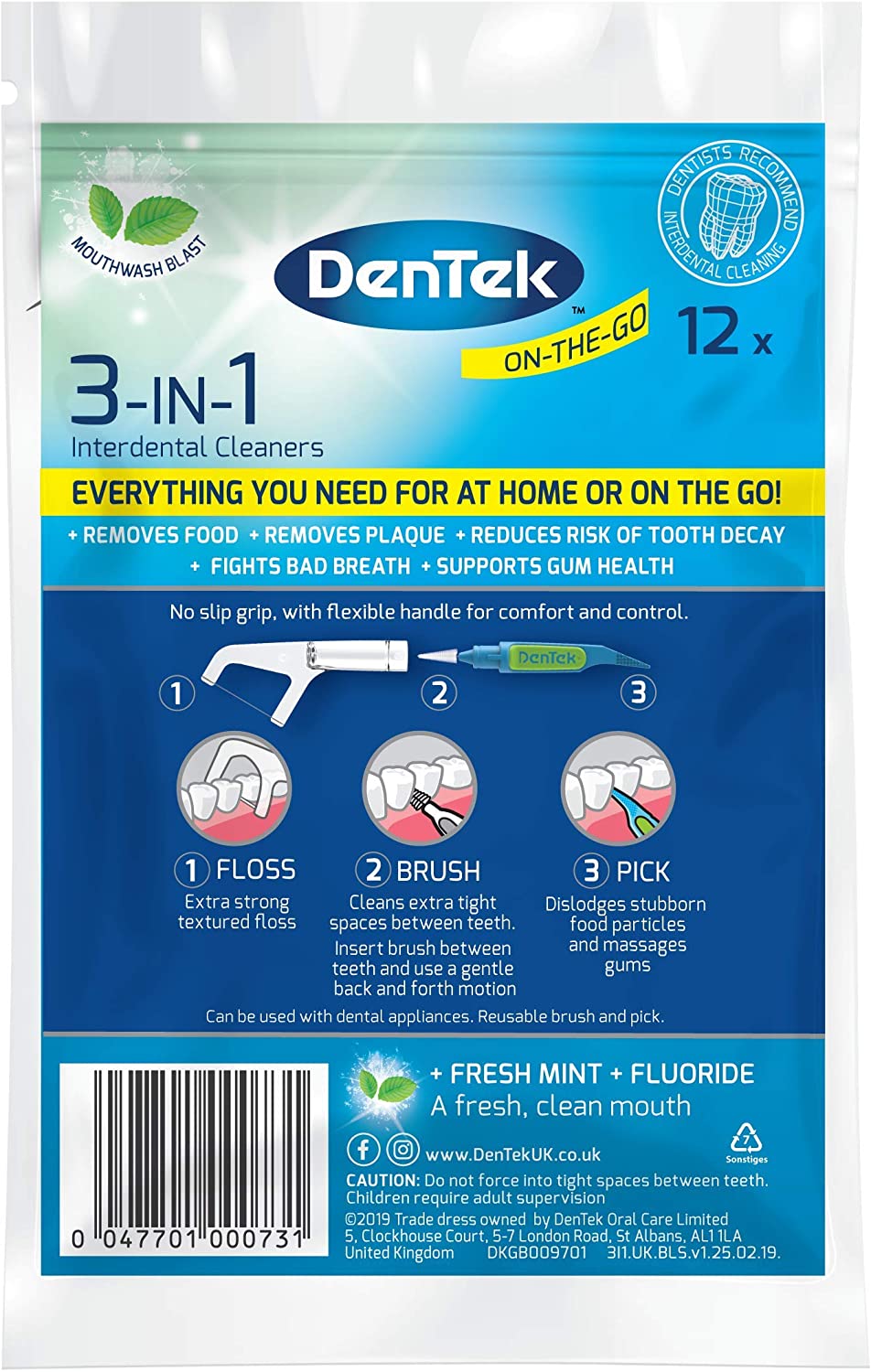 DenTek 3-in 1 Interdental Cleaners - Features an Interdental Brush, Floss and Pick All in One, 12 Pa