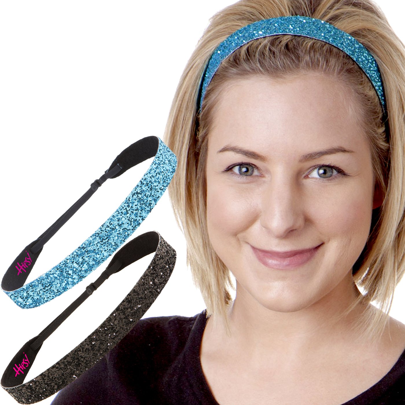 Hipsy Adjustable Non Slip Fashion Wide Bling Glitter Headbands for Women Girls & Teens 2-Pack (Black
