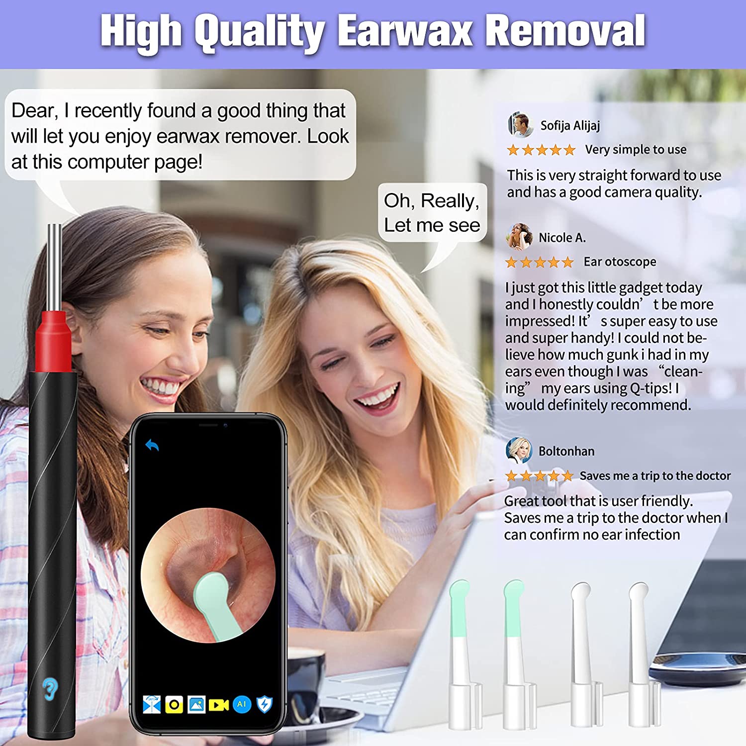 Urbesty Ear Wax Removal Tool, Earwax Removal Camera with 6 LED Lights, 1080P HD Wireless WiFi Ear Wa