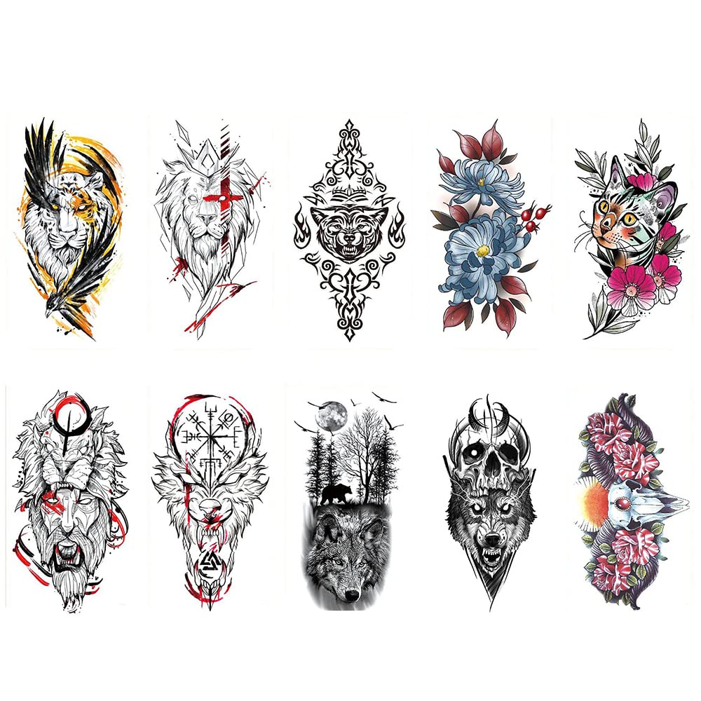 CONOBO 10 Sheets Large 3D Temporary Tattoos Stickers For Women Men Half Sleeve Realistic Animals Flo