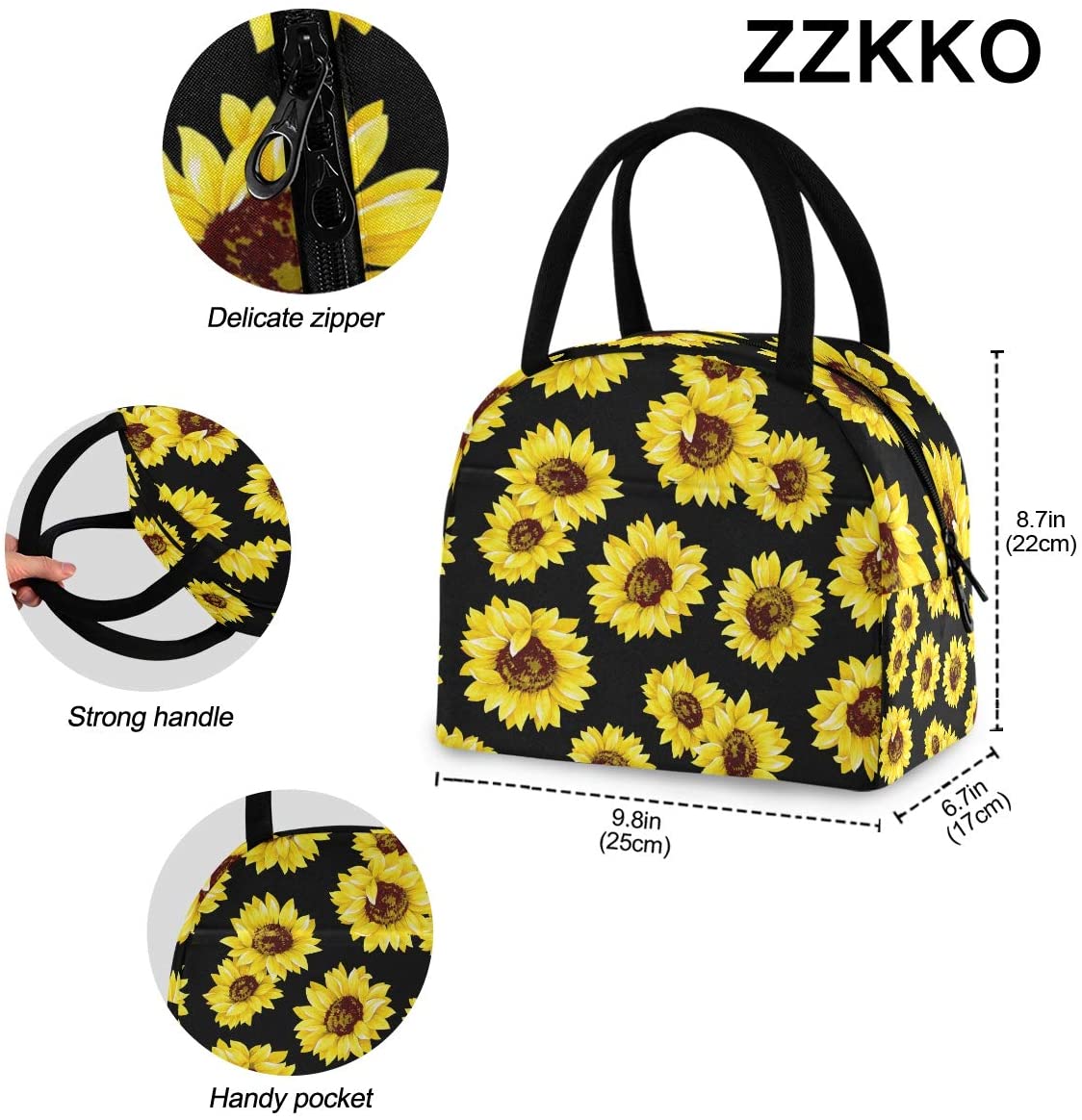 ZZKKO Sunflower Summer Lunch Bag Box Tote Organizer Lunch Container Insulated Zipper Meal Prep Coole