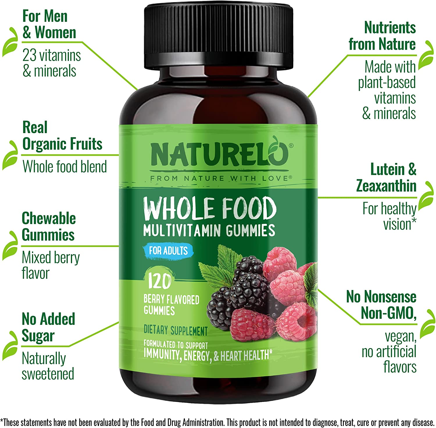NATURELO Whole Food Vitamin Gummies for Adults - Chewable Gummy Multivitamin for Men & Women - 120 V