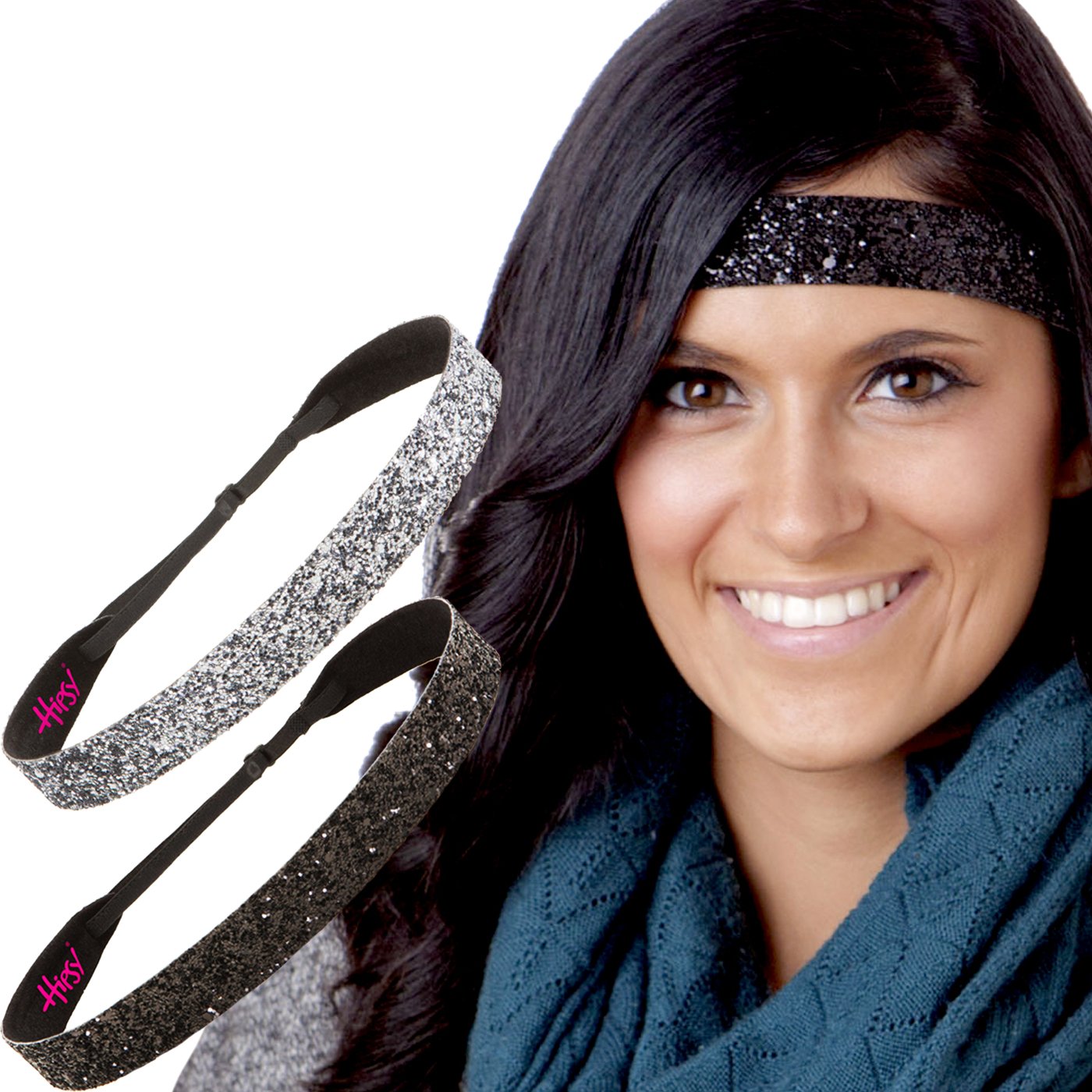 Hipsy Adjustable Non Slip Fashion Wide Bling Glitter Headbands for Women Girls & Teens 2-Pack (Black