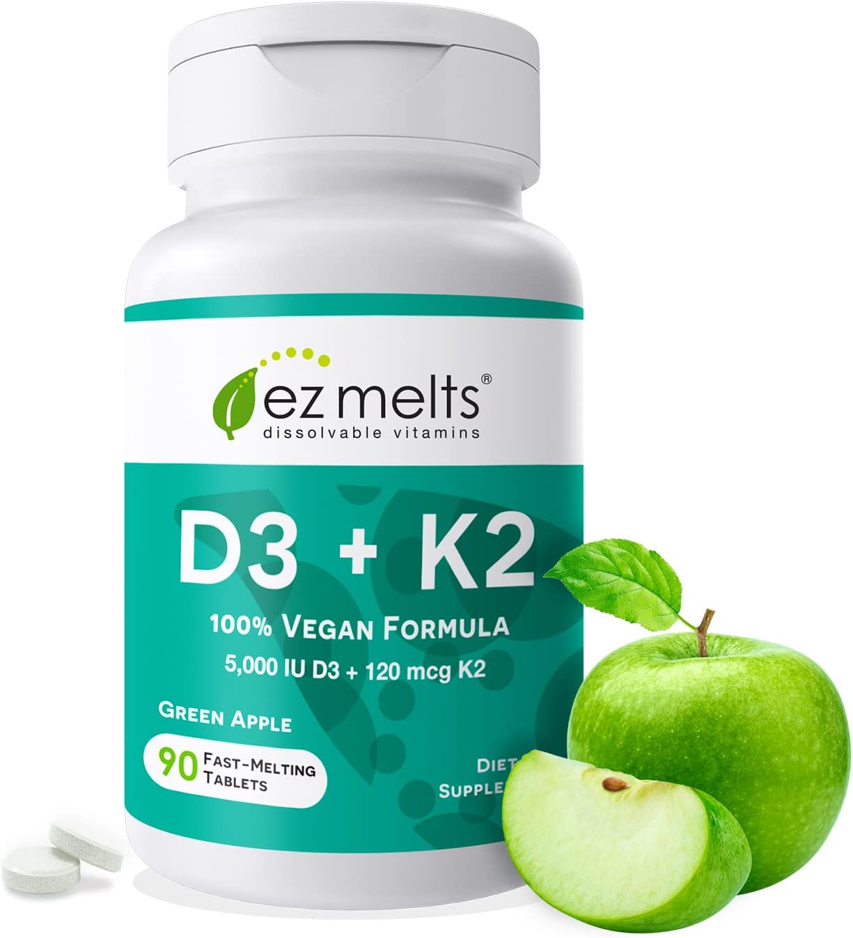 EZ Melts Vitamin D3 + K2 - Quick Melt Tablets with 5000iu of Plant Based D3 and 100mcg of Vitamin K2