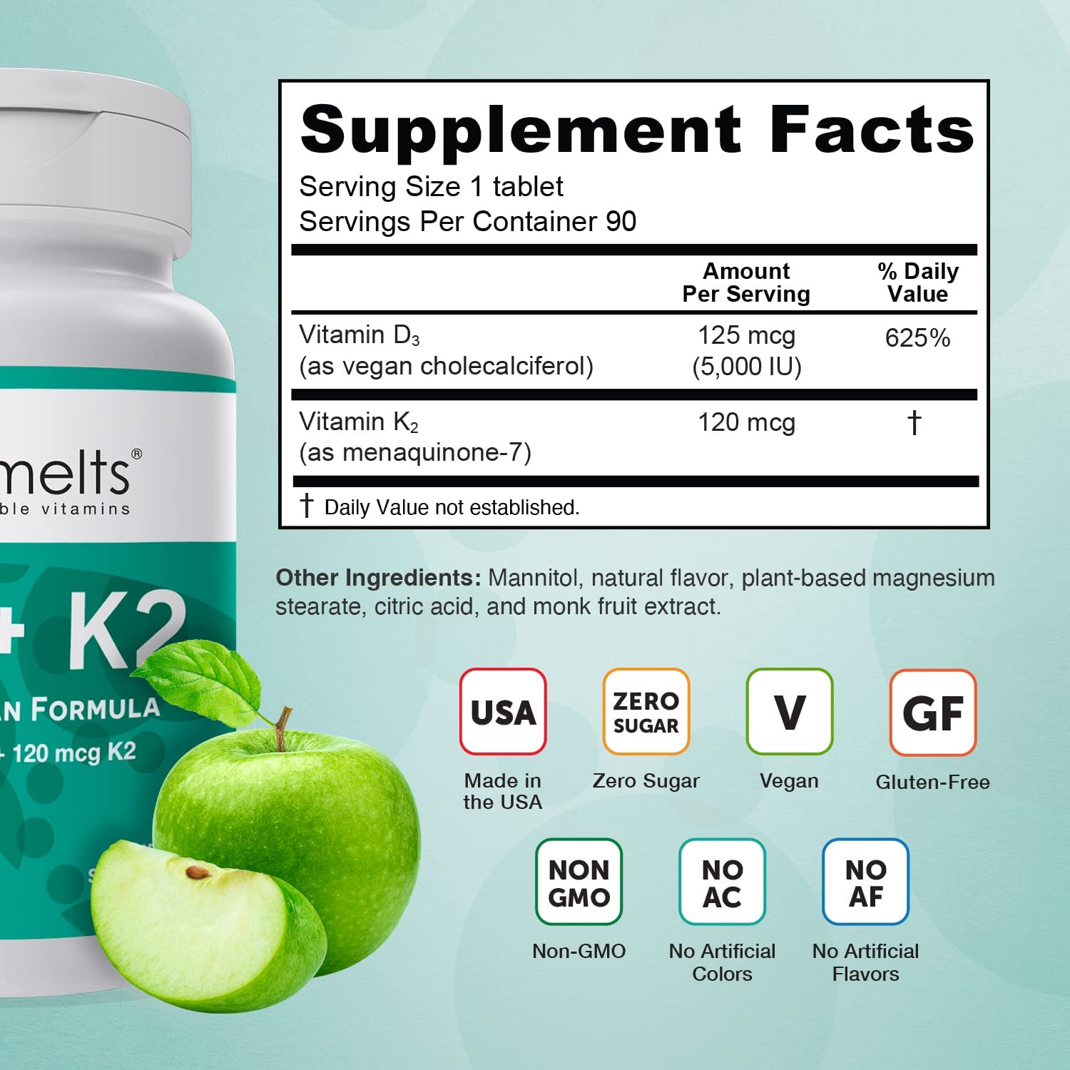 EZ Melts Vitamin D3 + K2 - Quick Melt Tablets with 5000iu of Plant Based D3 and 100mcg of Vitamin K2