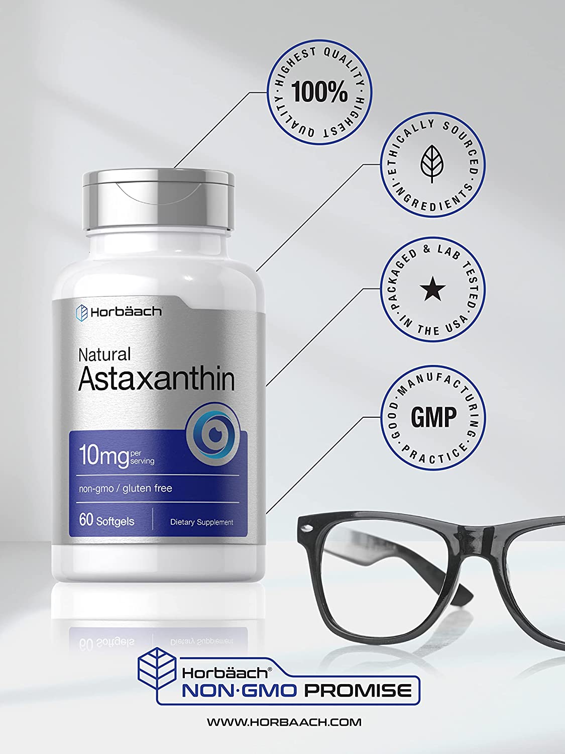Astaxanthin 10mg | 60 Softgels | Non-GMO, Gluten Free Supplement | by Horbaach