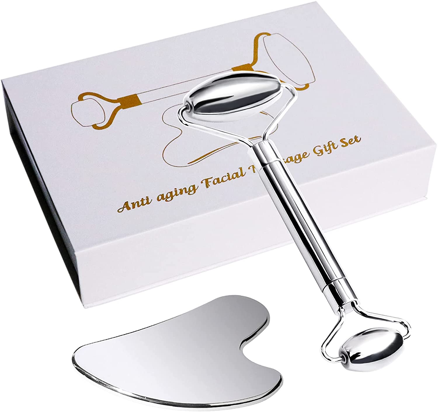 Stainless Steel Face Roller & Gua Sha Tool Set, Facial Skin Care Massager for Neck, Eyes, Muscle Lin