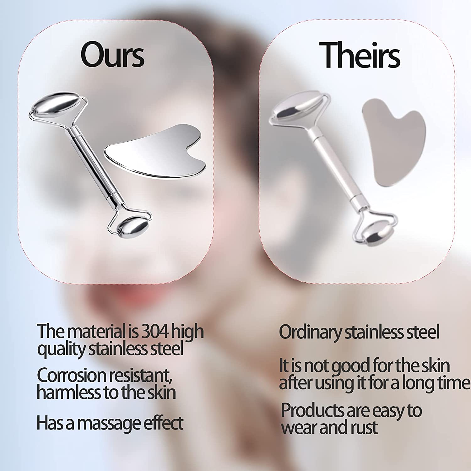 Stainless Steel Face Roller & Gua Sha Tool Set, Facial Skin Care Massager for Neck, Eyes, Muscle Lin