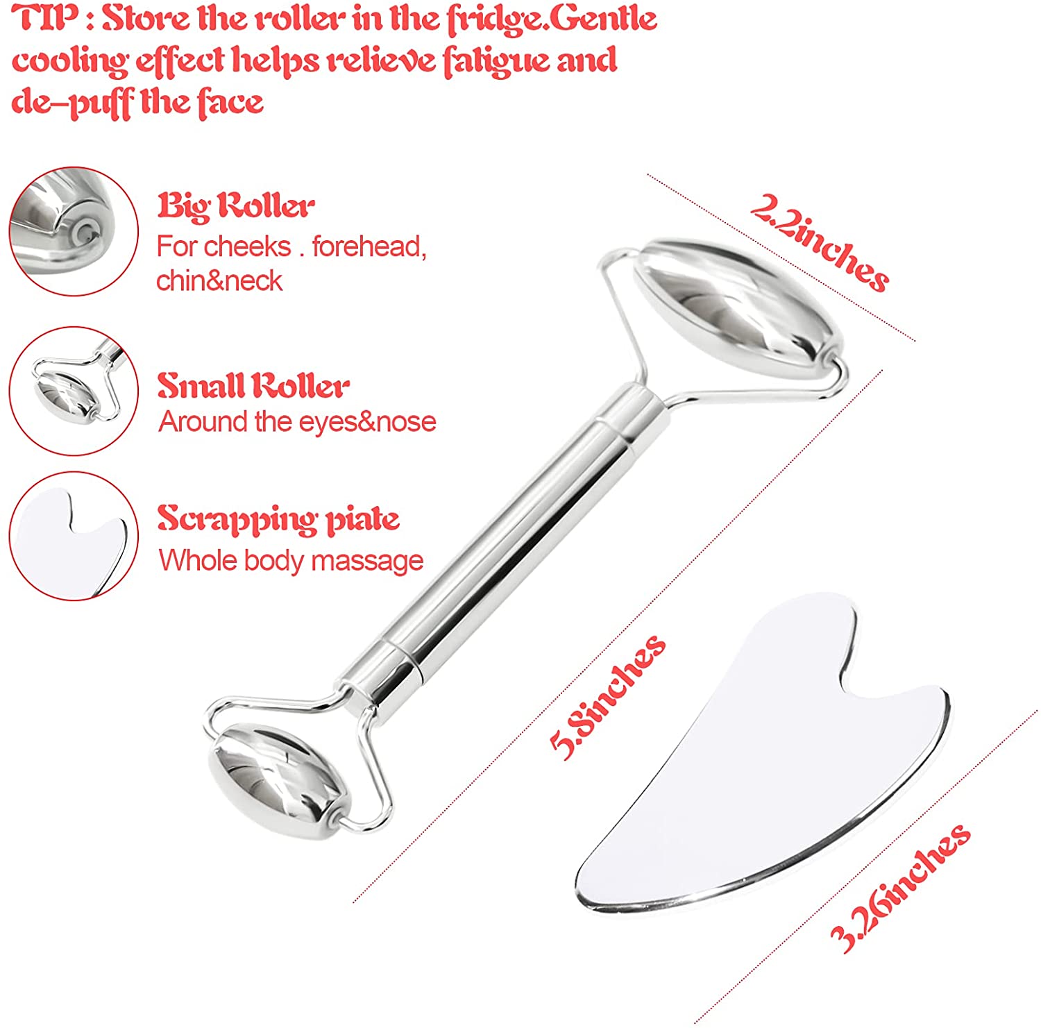 Stainless Steel Face Roller & Gua Sha Tool Set, Facial Skin Care Massager for Neck, Eyes, Muscle Lin