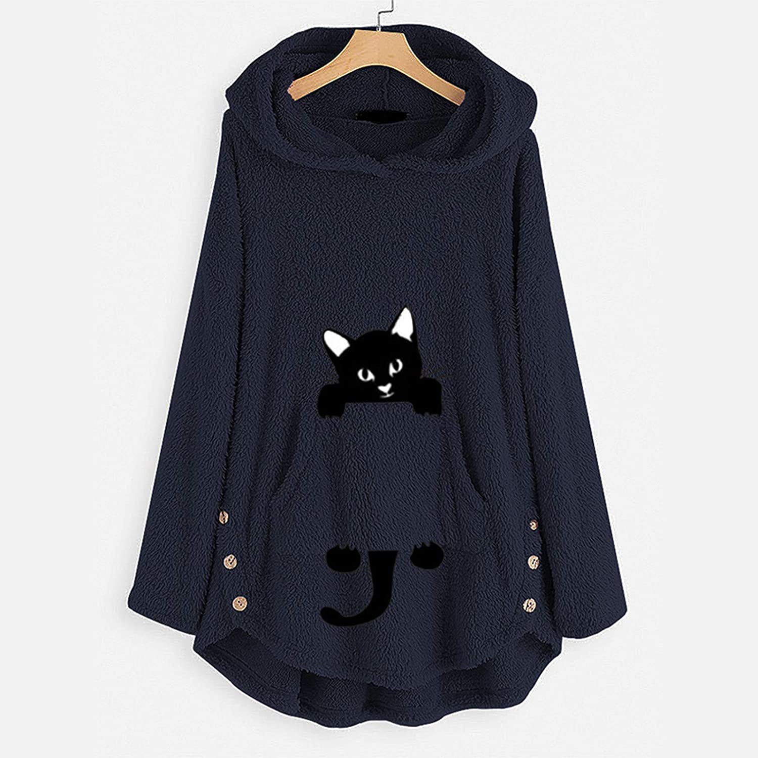 Dosoop Womens Fleece Warm Hoodie Fleece Pullover Autumn Winter Plush Cat Embroidery Plus Size Hooded
