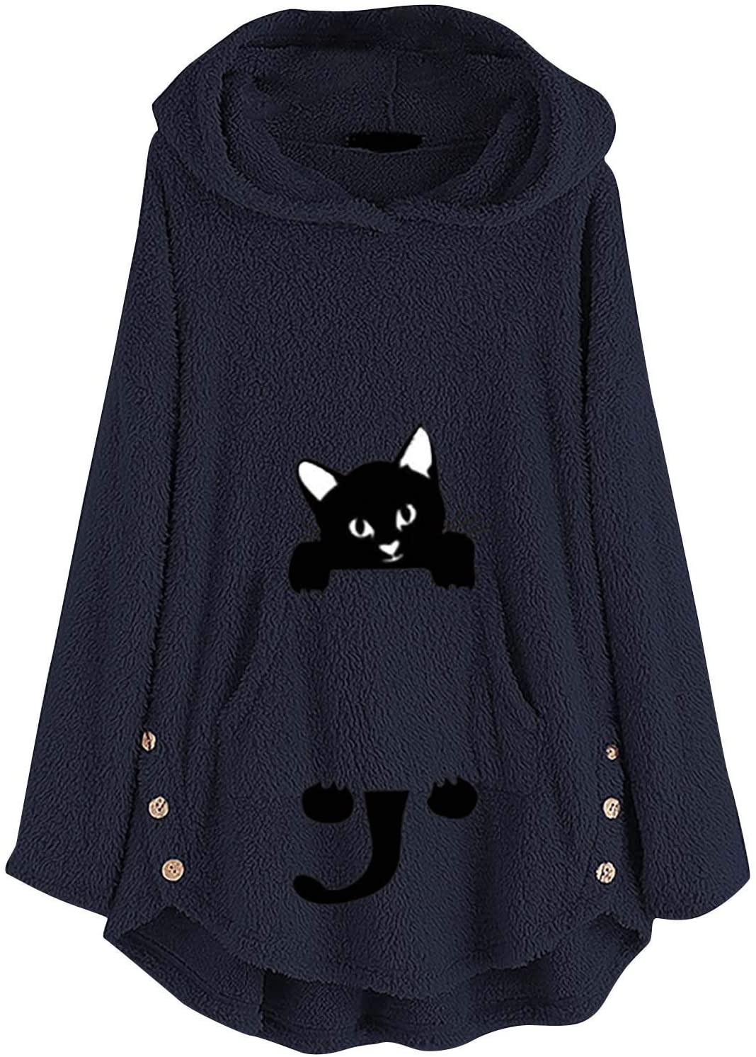 Dosoop Womens Fleece Warm Hoodie Fleece Pullover Autumn Winter Plush Cat Embroidery Plus Size Hooded