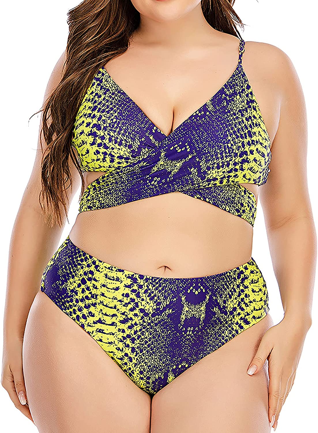 Swimsuits for Women Snake Print Cross Deep V Two Piece Bathing Suits Top High Waist Bottom