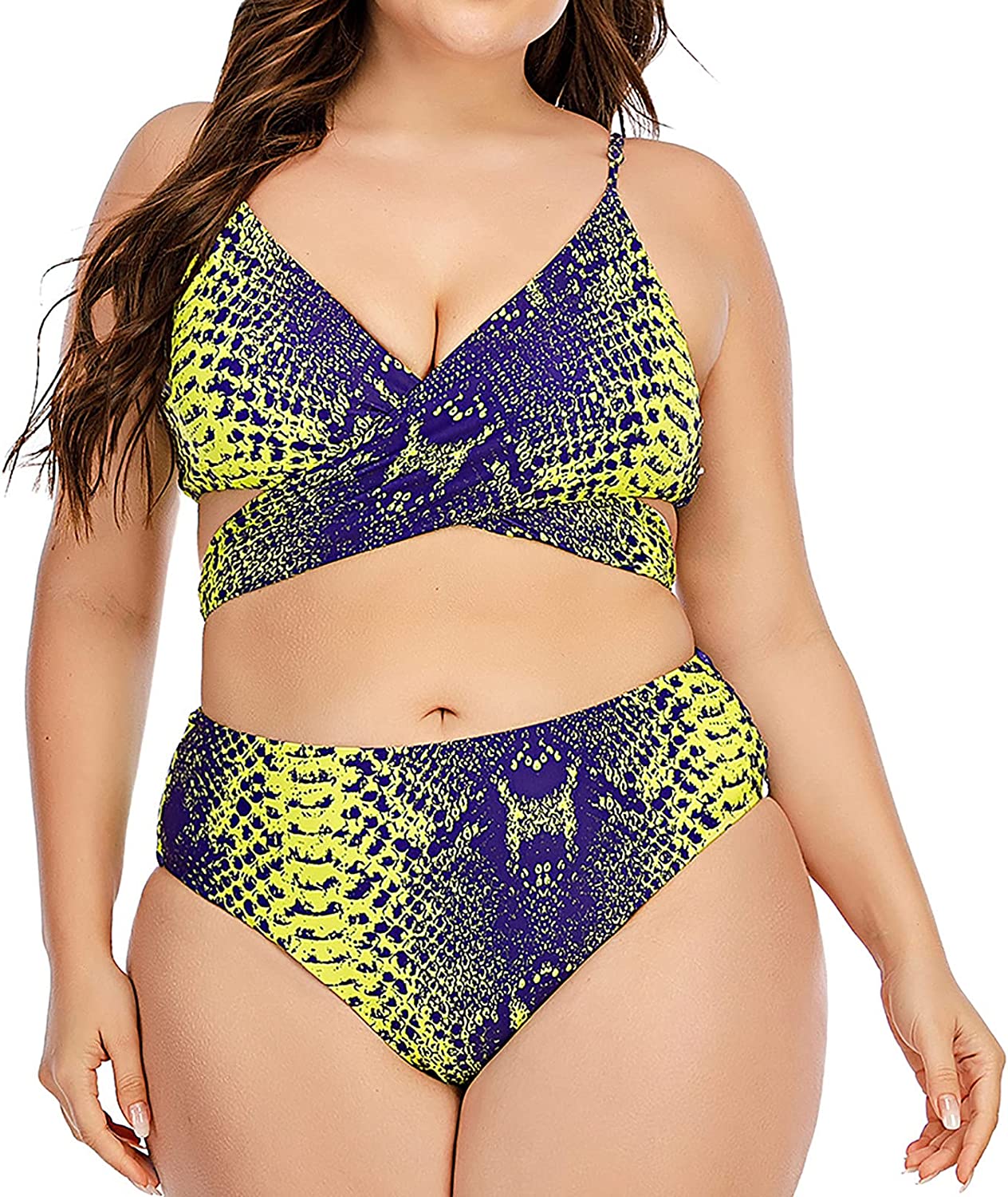 Swimsuits for Women Snake Print Cross Deep V Two Piece Bathing Suits Top High Waist Bottom