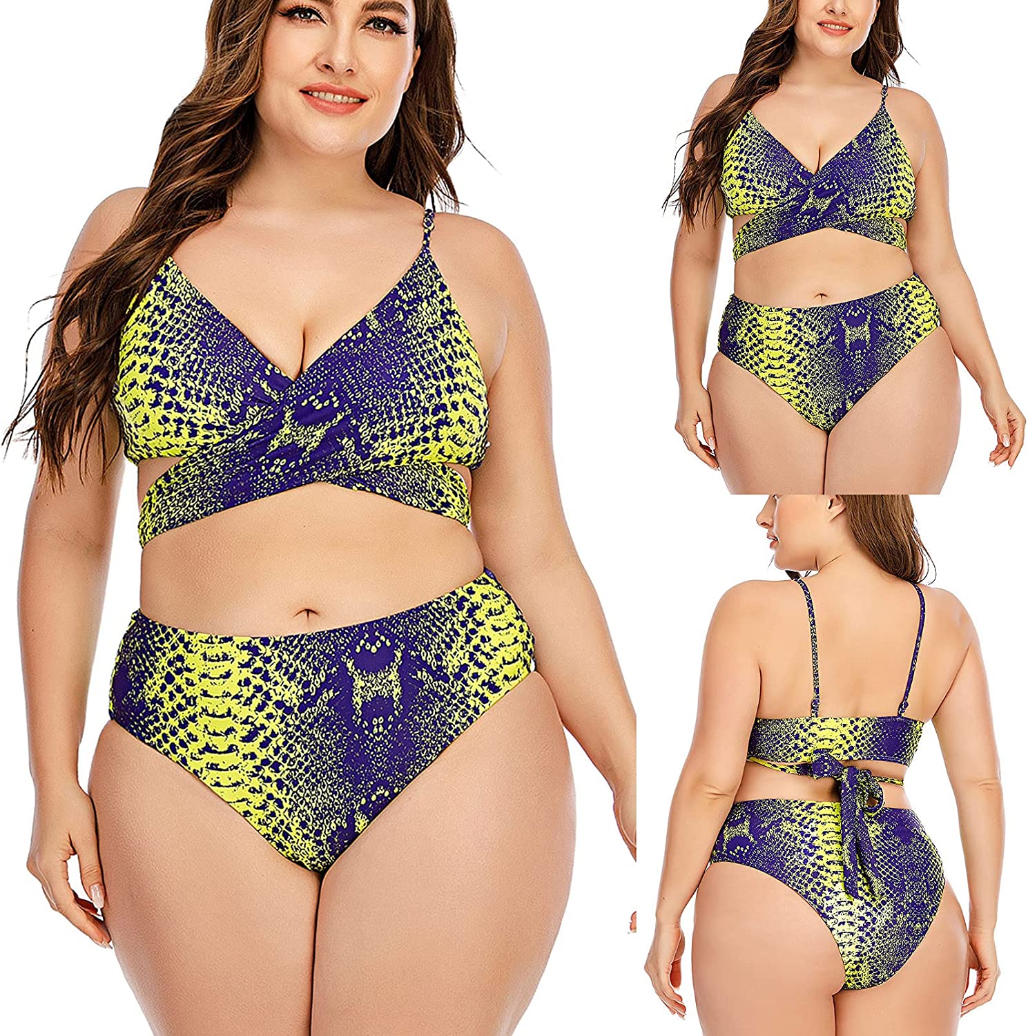 Swimsuits for Women Snake Print Cross Deep V Two Piece Bathing Suits Top High Waist Bottom
