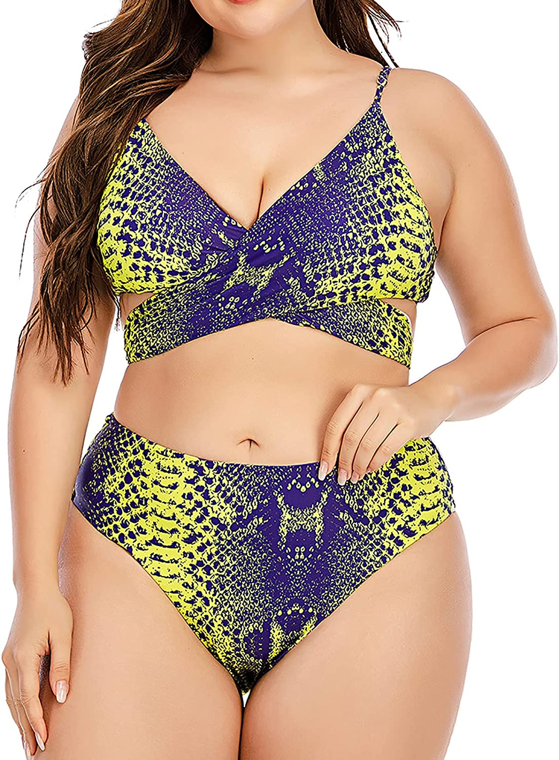 Swimsuits for Women Snake Print Cross Deep V Two Piece Bathing Suits Top High Waist Bottom