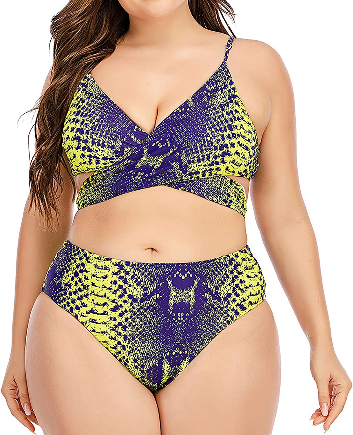 Swimsuits for Women Snake Print Cross Deep V Two Piece Bathing Suits Top High Waist Bottom