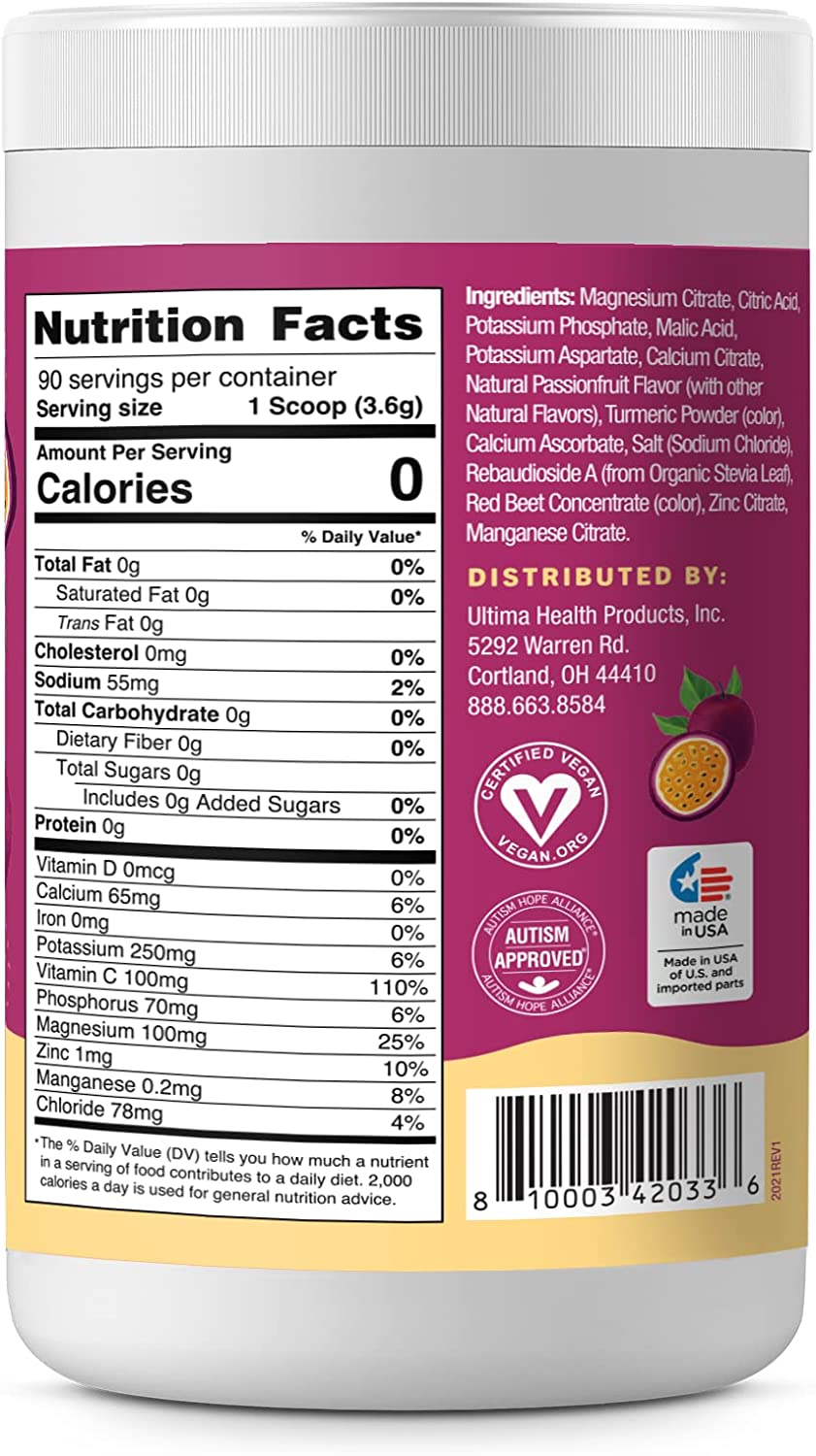 Ultima Replenisher Electrolyte Hydration Drink Mix Powder, Passionfruit, 90 Servings, no Sugar, 0 Ca