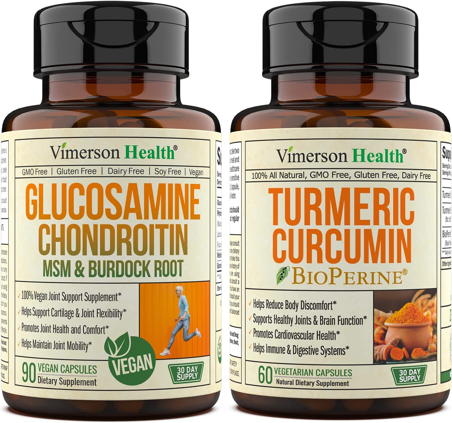 Bundle Vegan Glucosamine Chondroitin Joint Support Supplement Without Shellfish + Turmeric Curcumin 