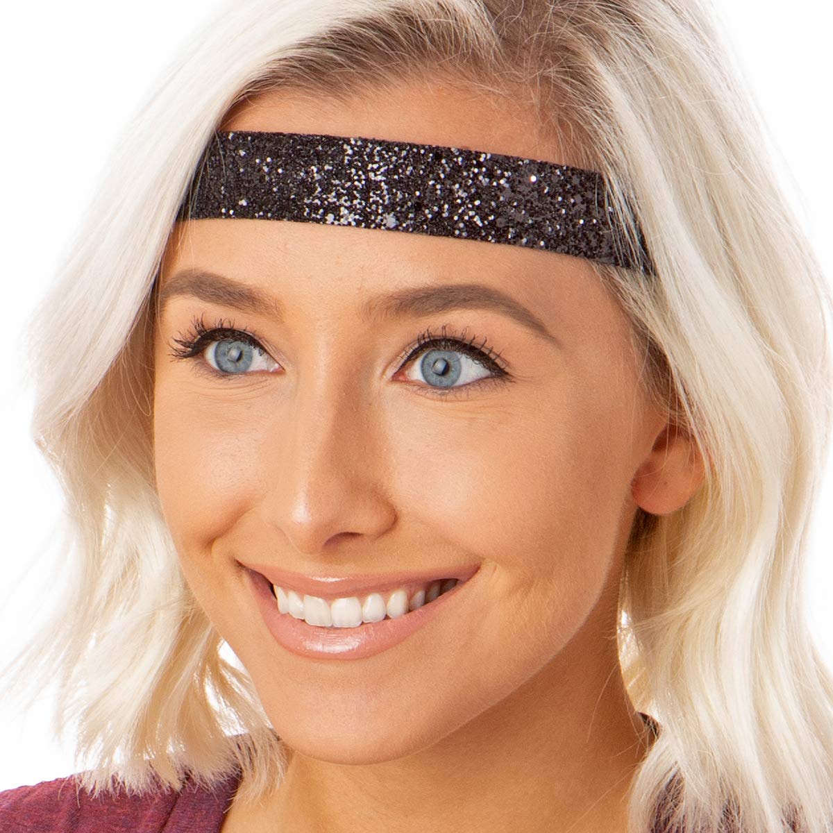 Hipsy Adjustable Non Slip Fashion Wide Bling Glitter Headbands for Women Girls & Teens 2-Pack (Black