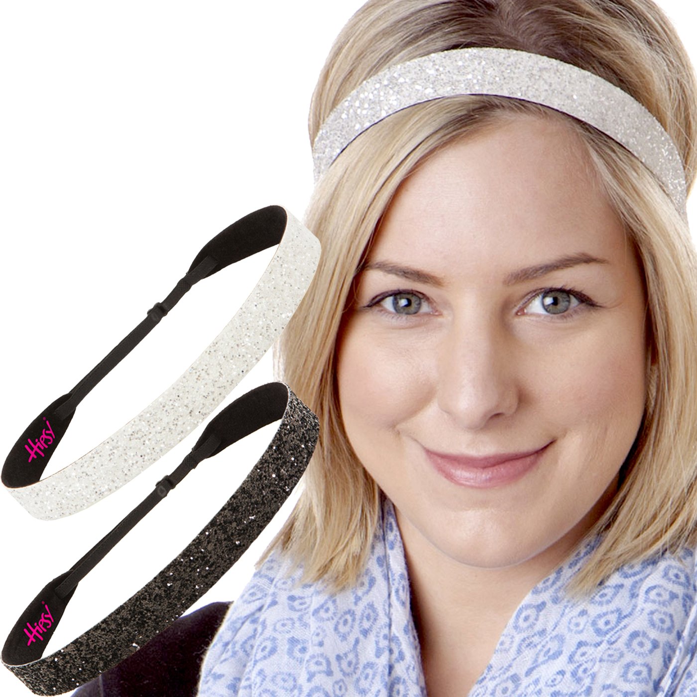 Hipsy Adjustable Non Slip Fashion Wide Bling Glitter Headbands for Women Girls & Teens 2-Pack (Black