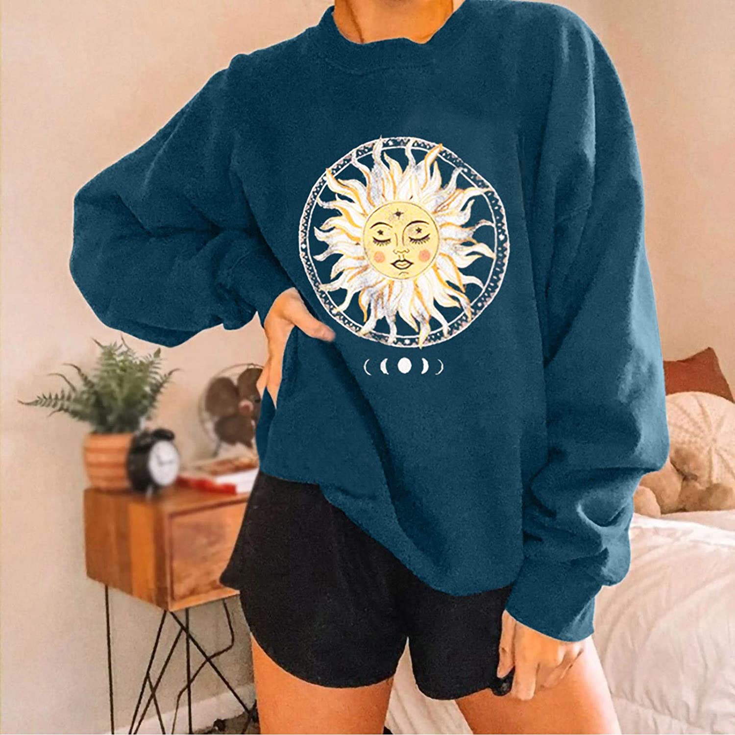 Womens Plus Size Sweatshirt Casual Printing Long Sleeve Pullover Blouse Tops Sun Moon Halloween Loos