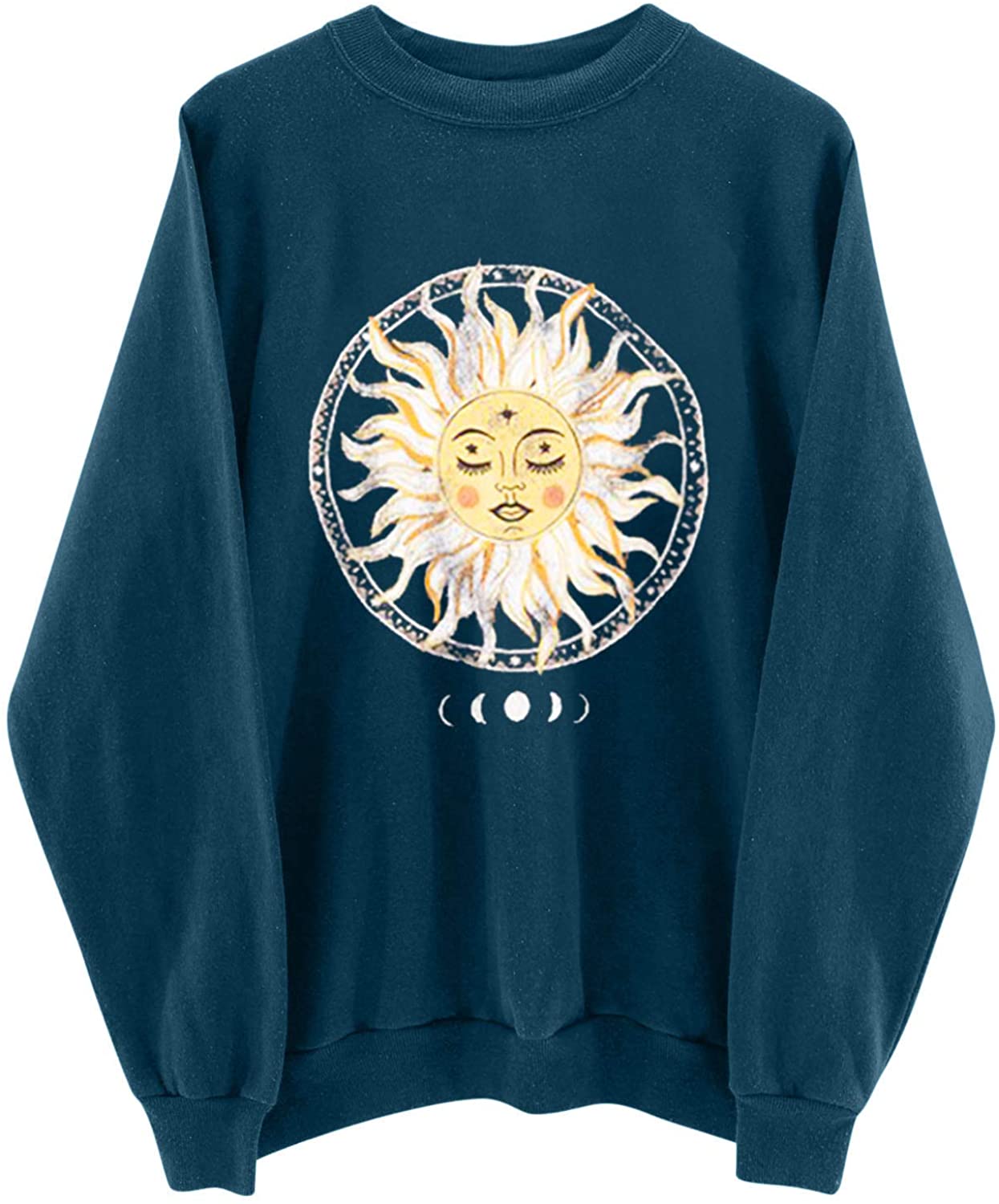 Womens Plus Size Sweatshirt Casual Printing Long Sleeve Pullover Blouse Tops Sun Moon Halloween Loos