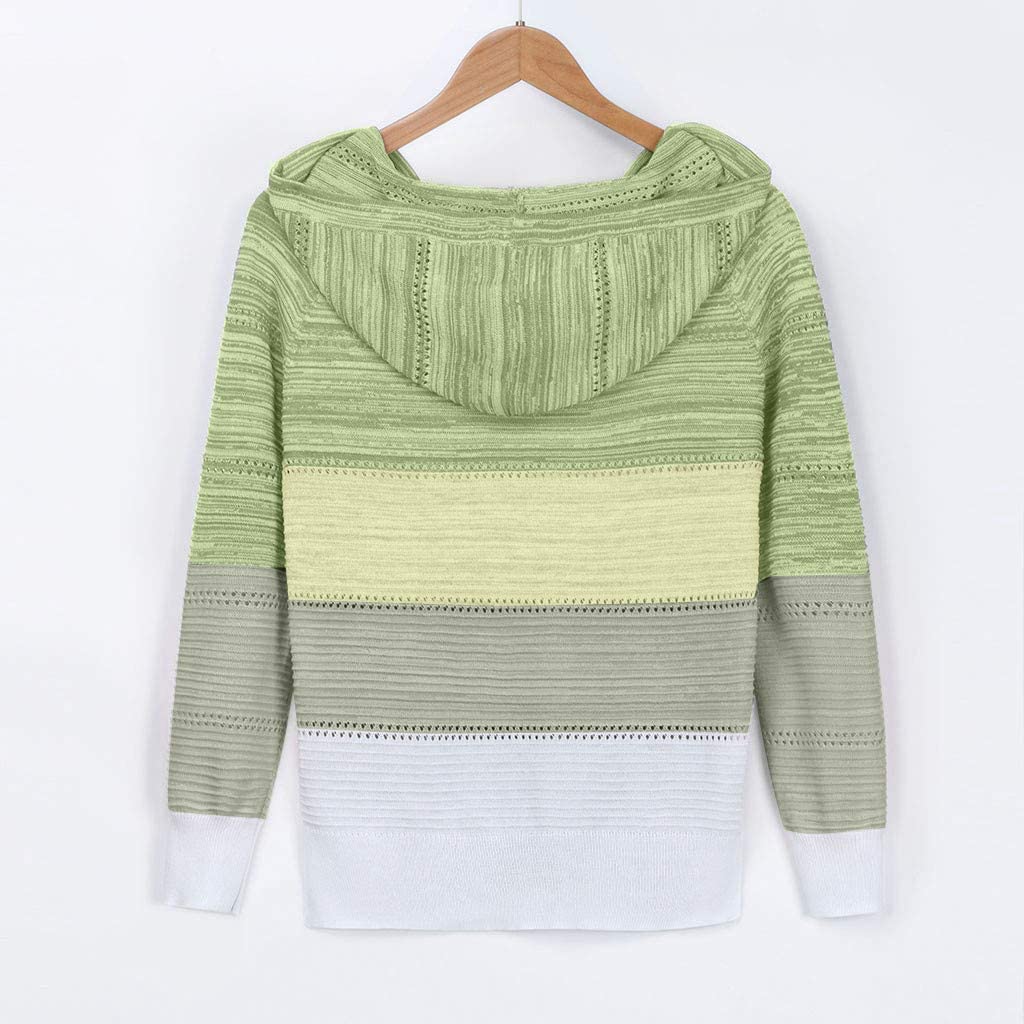 Dosoop Womens Oversized V Neck Striped Print Color Block Patchwork Hooded Sweaters Drawstring Hoodie